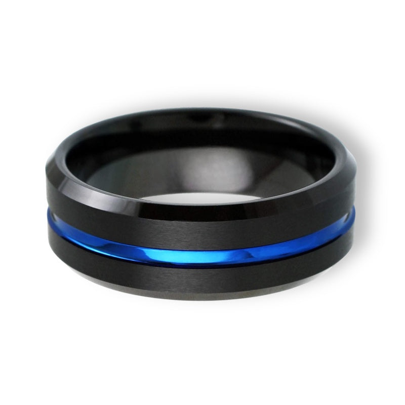 Tungsten Ring Thin Blue Line Center Recessed Stripe Black Brushed Beveled Edges Band