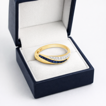 18K Yellow Gold Crossover Band Ring | Natural Sapphire & Diamond | Channel-Set Baguette Crisscross Design