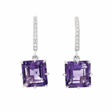 925 Sterling Silver | Amethyst Square Cut Earrings | White Sapphire Accents | Dangle February Birthstone Earrings