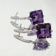 925 Sterling Silver | Amethyst Square Cut Earrings | White Sapphire Accents | Dangle February Birthstone Earrings