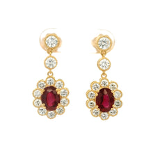 18K Yellow Gold Drop Statement Earrings | Natural Ruby & Diamond Floral Halo | Vintage Jewelry