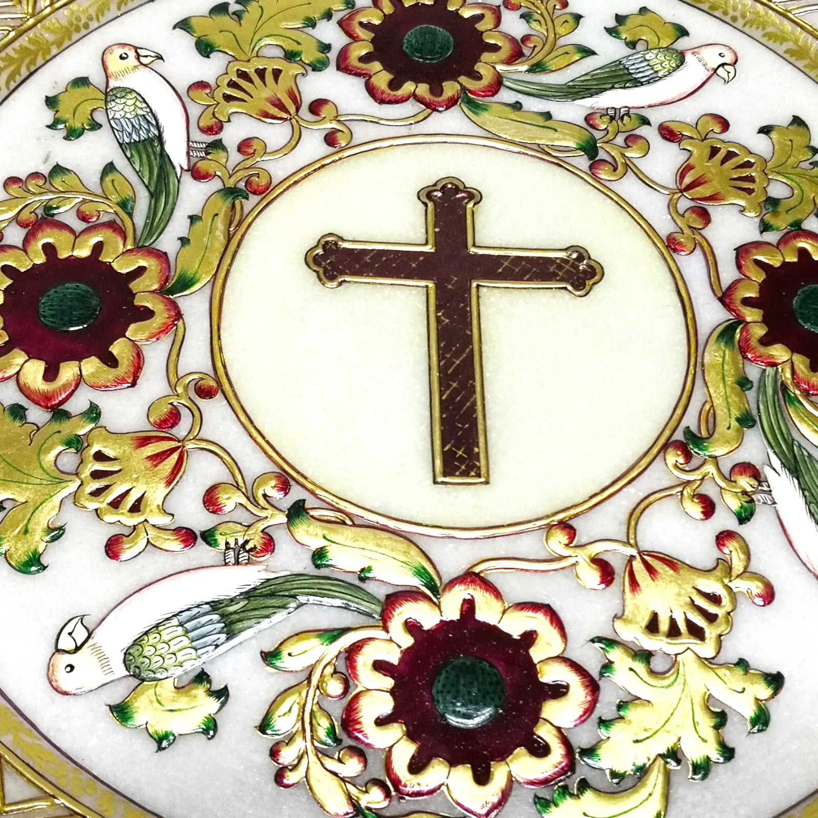 24K Gold Marble Handcrafted Catholic Jesus Cross 12" Renaissance Floral Plate