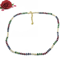 Mix Semiprecious 925 Sterling Silver Station Necklace with Natural Emerald Ruby Sapphire 4mm Faceted Rondelle Beaded Gemstone Energy Blend