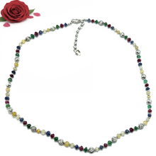 Premium 925 Sterling Silver Station Necklace with Natural Ruby Emerald Sapphire Mix 4mm Faceted Rondelle Beads Gemstone Balance Energy