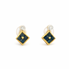 18K Yellow Gold Natural Sapphire & Diamond Stud Earrings | Contemporary Square Block Cluster Jewelry