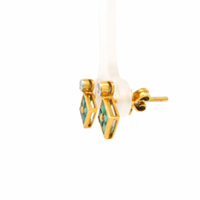 18K Yellow Gold Stud Earrings | Natural Emerald & Diamond | Contemporary Geometric Square Cluster Jewelry