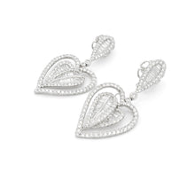 18K White Gold Dangle Earrings | Double Heart Natural Diamond | Romantic Statement Jewelry