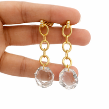 18K Yellow Gold Drop Earrings | Natural Diamond & White Quartz | Chain Link, Decorative Knot Motif Charm Jewelry