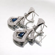 18K White Gold | Natural Blue Sapphire & Diamond Drop Earrings | Art Deco Fan Design | Opulent Bridal Jewelry
