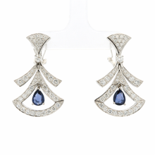 18K White Gold | Natural Blue Sapphire & Diamond Drop Earrings | Art Deco Fan Design | Opulent Bridal Jewelry