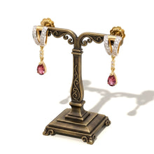 18K Yellow Gold Natural Diamond & Pink Tourmaline Pendant & Earrings Set | Geometric Linear Bar Jewelry