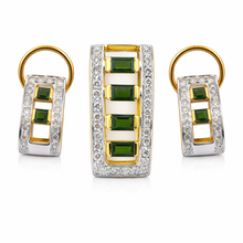 18K Yellow Gold Natural Diamond & Tourmaline Necklace & Earrings Set | Pavé Halo Geometric Rectangular Jewelry