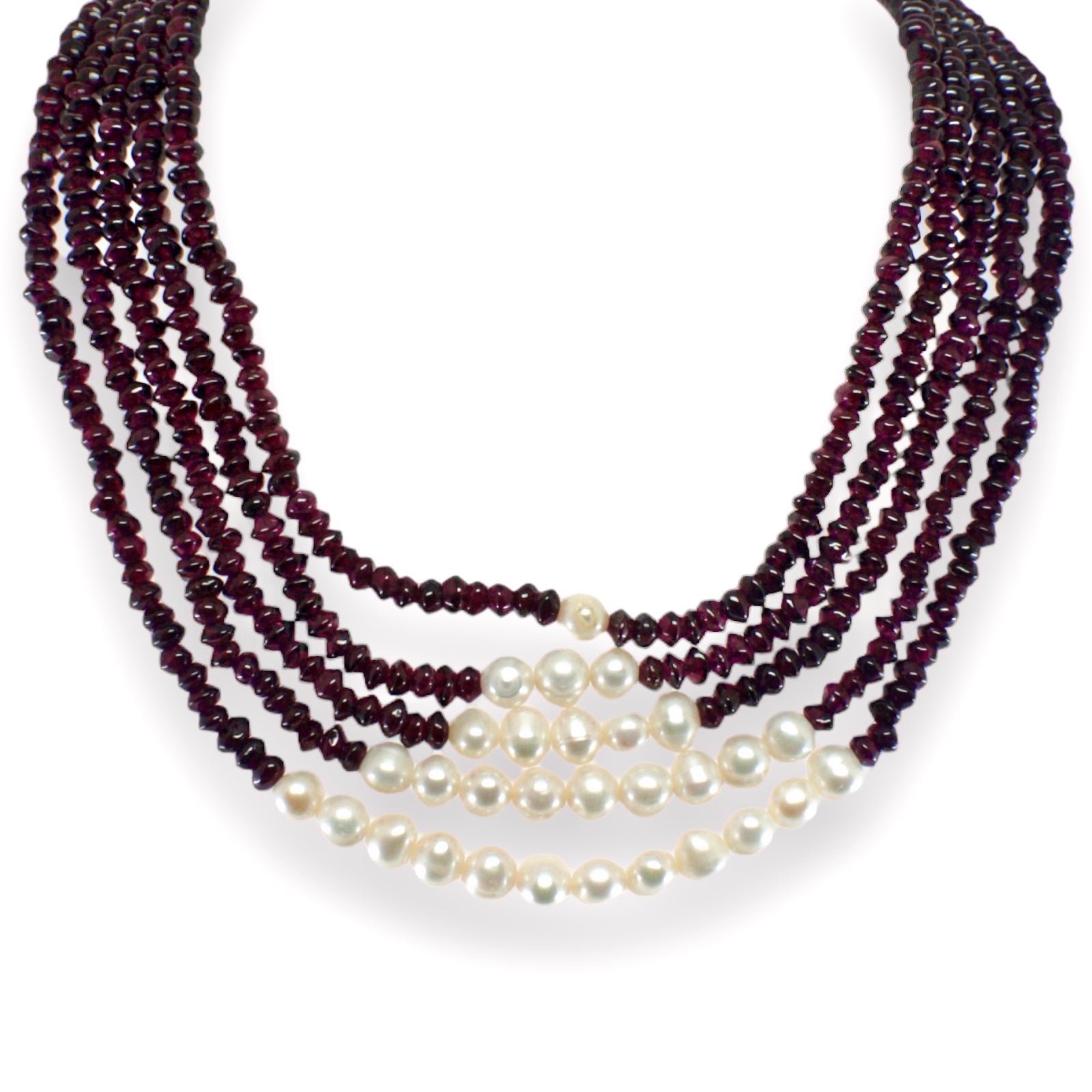 Natural Garnet Rondelle Facet Beads & Pearl Multi Layered Gemstone Necklace