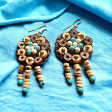 Handmade Earrings Coconut Shell Floral Blue White Gemstone Jewelry