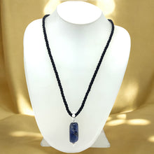 Natural Sodalite Gemstone 26mm Fancy Shape with Black Twisted Cord Pendant Necklace Poet's Stone Unisex Jewelry