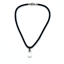 White Crystal 19mm Drop Faceted Stone With Elegant Black Twisted Cord Pendant Necklace Associated With Clarity Focus And Pure Intention