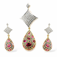 18K Two-Tone Gold | Natural Diamond, Pink Tourmaline & Blue Sapphire Pavé Drop Pendant & Earrings Set