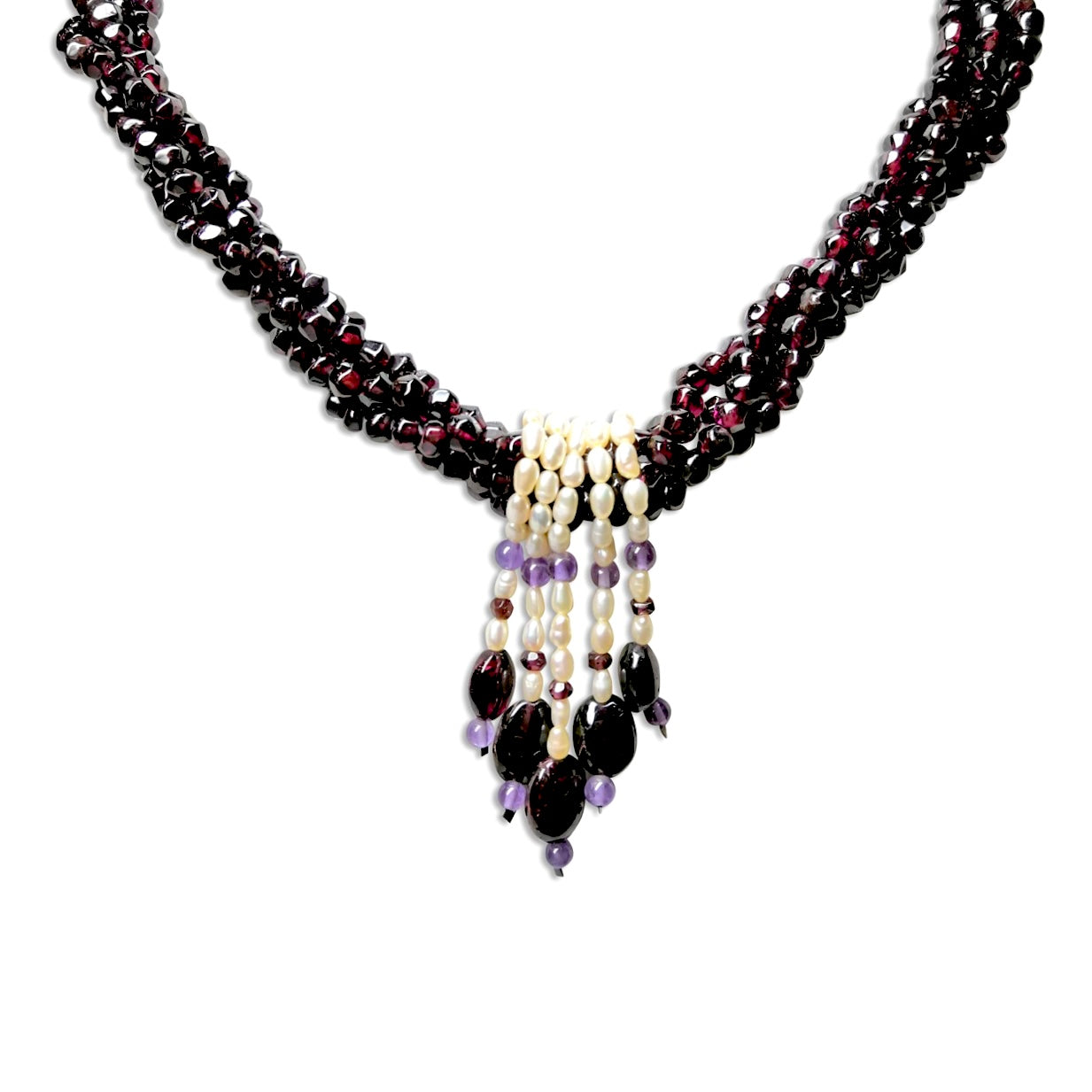 Natural Handmade Necklace 16"-18" Garnet, Pearls, Amethyst Gemstone Beads Jewellery