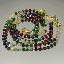 Mix Semiprecious 925 Sterling Silver Station Necklace with Natural Emerald Ruby Sapphire 4mm Faceted Rondelle Beaded Gemstone Energy Blend