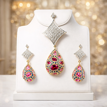 18K Two-Tone Gold | Natural Diamond, Pink Tourmaline & Blue Sapphire Pavé Drop Pendant & Earrings Set
