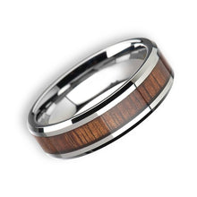 Tungsten Ring Flat Wooden Inlay Silver Polished Beveled Edge Band