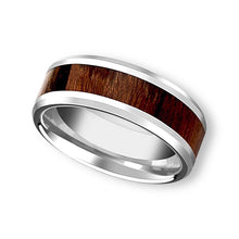 Tungsten Ring Flat Wooden Inlay Silver Polished Beveled Edge Band