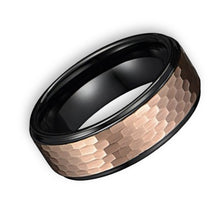Tungsten Ring Black Duo Tone With Rose Gold Hammered Finish Top Band