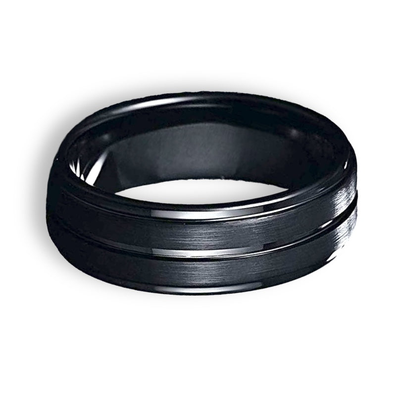 Tungsten Ring Black Brushed Polished Center Grooved Flat Stylish Band