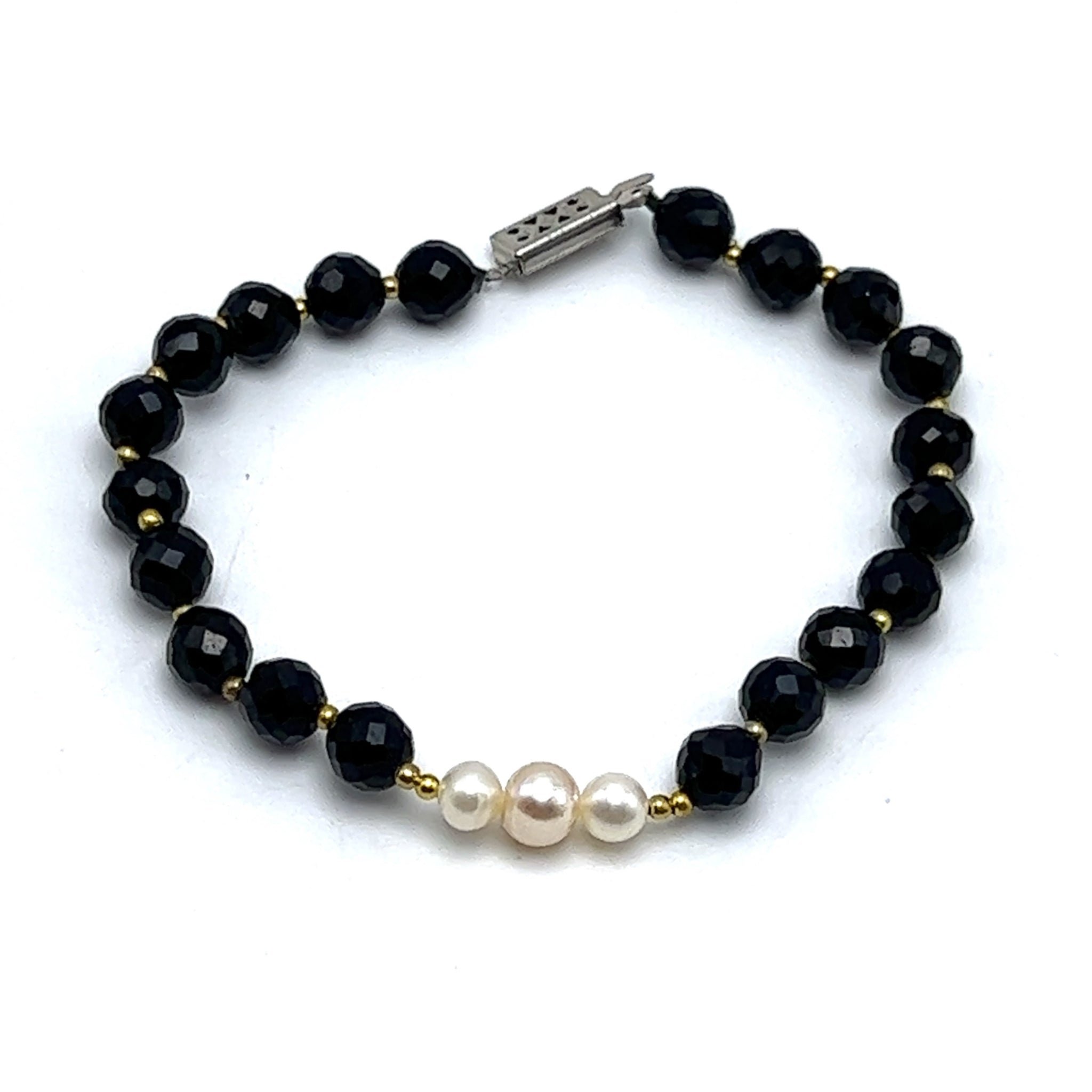 Tourmaline Natural Faceted Ball & Plain Pearl Gemstone Bracelet