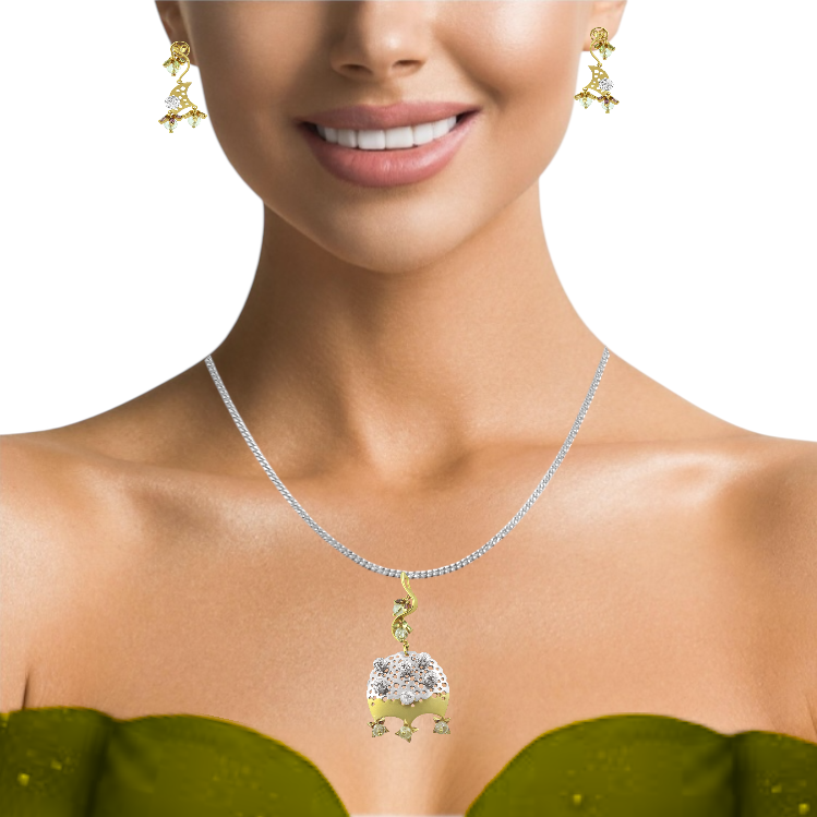 18K White & Yellow Dual Gold Pendant Earring with Diamond Natural & Semi Precious Gemstones Domed Chandelier Jewellery Set