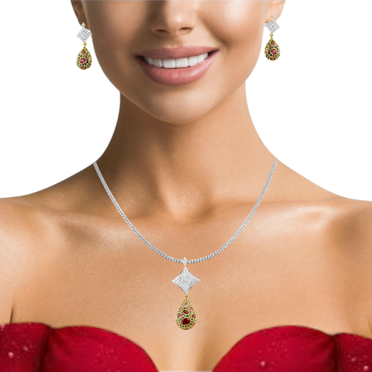 18K White Yellow Dual Gold Pendant Earring with Pink Tourmaline Sapphire Natural Diamond Drop Embedded Gemstone Jewellery Set