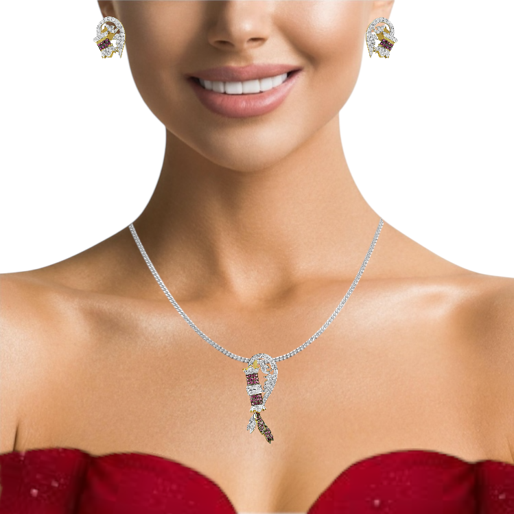 18K Yellow Gold Pendant Earring with Ruby & Diamond Natural Feather Design Jewellery Set