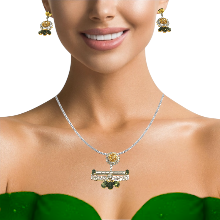 18K Yellow Gold Pendant Earring with Diamond & Green Tourmaline Natural Forest Floral Jewellery Set