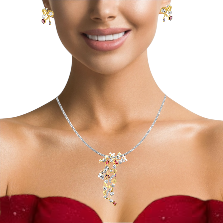 18K Yellow Gold Pendant Earring with Diamond, Rhodolite & Amethyst Natural Floral Branch Design Jewellery Set
