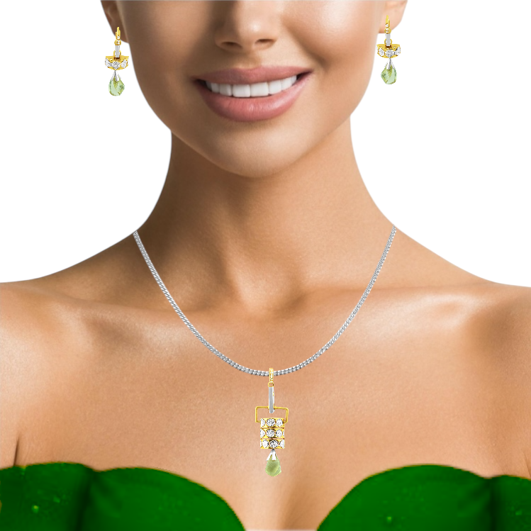 18K Yellow Gold Pendant Earring with Diamond Natural & Lemon Quartz Slider Drop Design Jewellery Set