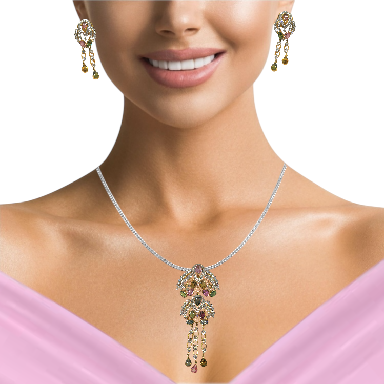 18K Yellow Gold Pendant Earring with Diamond & Multi Tourmaline Natural Gemstone Tassel Elegant Jewellery Set