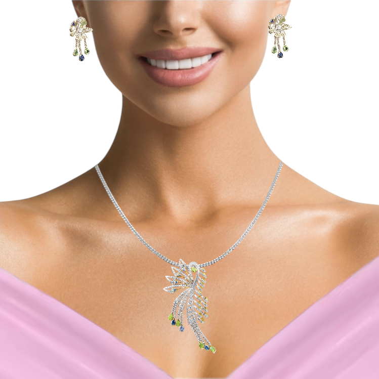 18K Yellow Gold Necklace Earring Chain with Diamond Peridot Tanzanite Natural Gemstones Peacock Jewellery Set