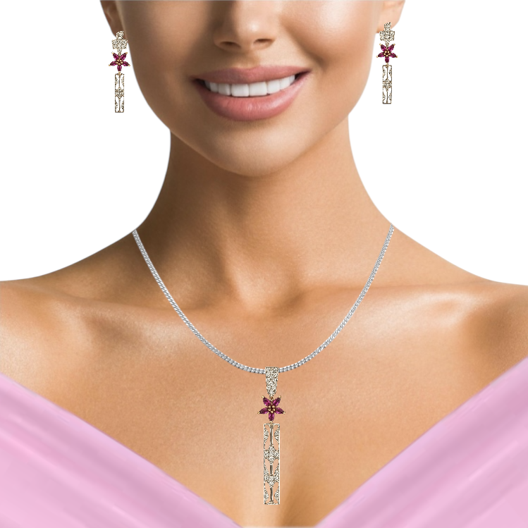 18K Yellow Gold Pendant Earring with Natural Diamond & Rhodolite Jewellery Set