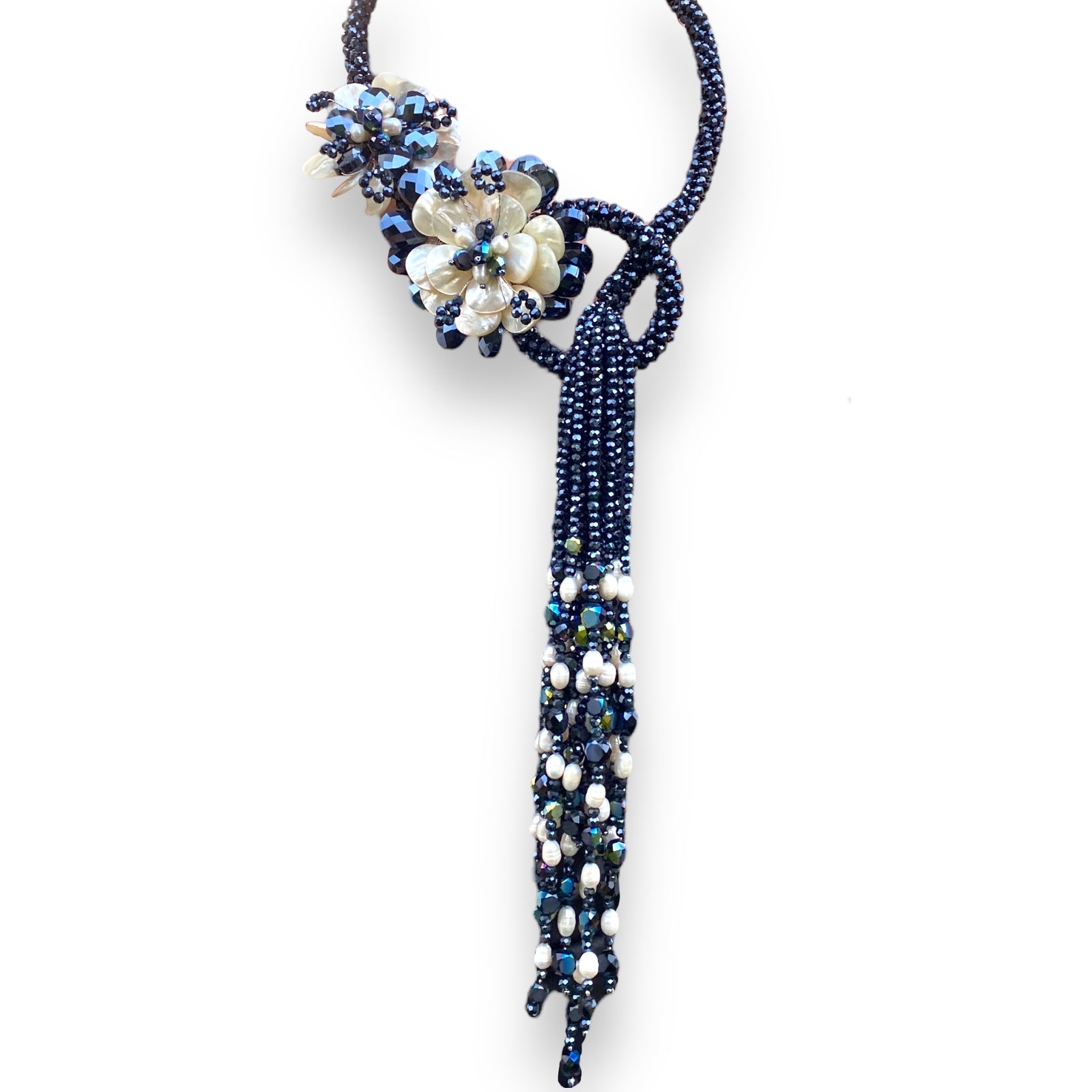 Handmade Snake Taseel Necklace 21" Beads Adjustable Pearls & Black Onyx Opera Bib Choker