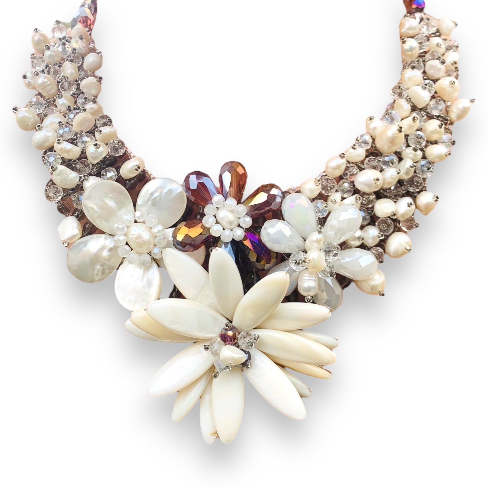 Handmade Boho Necklace 20" with Shells Freshwater Pearls & Sunflower Leaf Pendant Choker