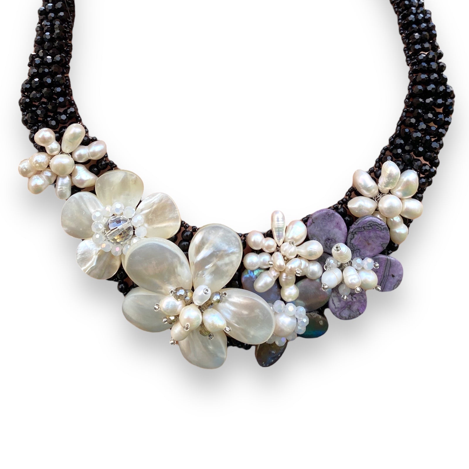 Handmade Necklace 20" Floral Black Onyx Unique Freshwater Shell and Pearls Bib Choker