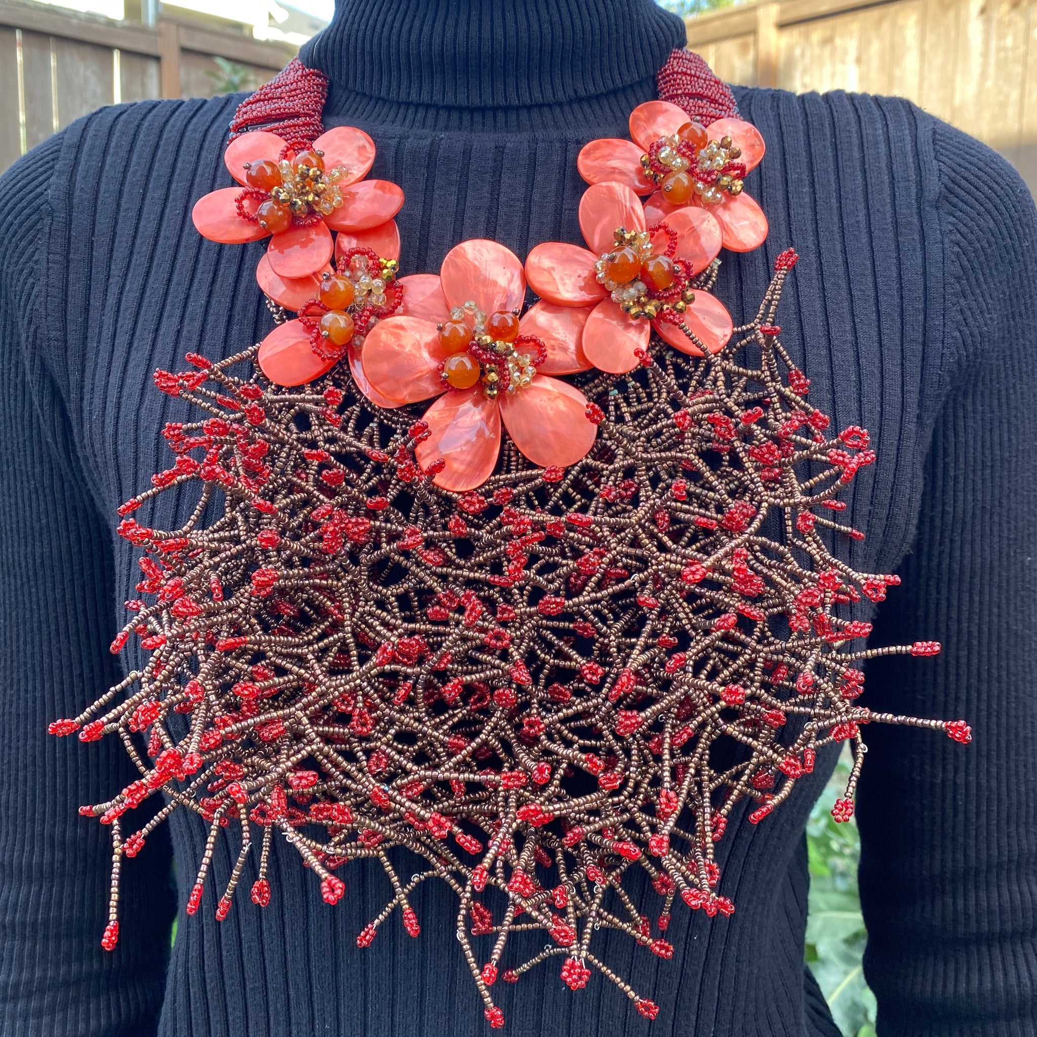 Handmade Necklace 22" Floral Coral Red Designer Drippy Branch Choker Jewelry