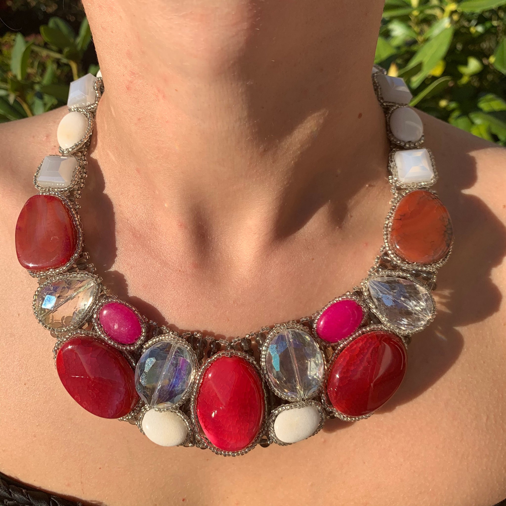Handmade Choker 20" Inlay Cabochon Red and Clear Agate Beads Necklace Jewelry