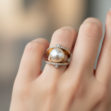 18K Yellow Gold Mabe Pearl and Natural Diamond Cocktail Ring | Bold Sculptural Crossover Statement Jewelry