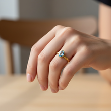 9K Yellow Gold Solitaire Ring | Natural Blue Topaz Open Bezel Setting | Modern Minimal Design Jewelry