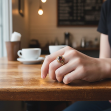 14K Yellow Gold Vintage Ring | Natural Garnet & Diamond Accent Bezel-Set | Sculptural Bypass Band Design