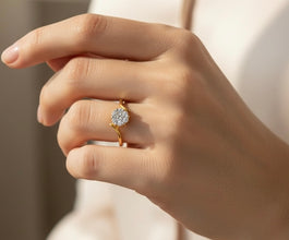 18K Yellow Gold Engagement Floral Cluster Ring | Natural Diamond Swirl Motif | Solitaire Center Bridal Elegance