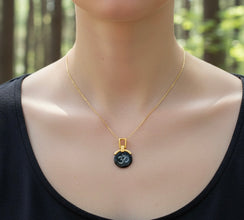 9K Yellow Gold Black Onyx Om Symbol Pendant | Hindu Religious Spiritual Fine Jewelry