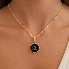 9K Yellow Gold Natural Diamond & Black Onyx Om Symbol Pendant | Hindu Religious Rope-Frame Fine Jewelry