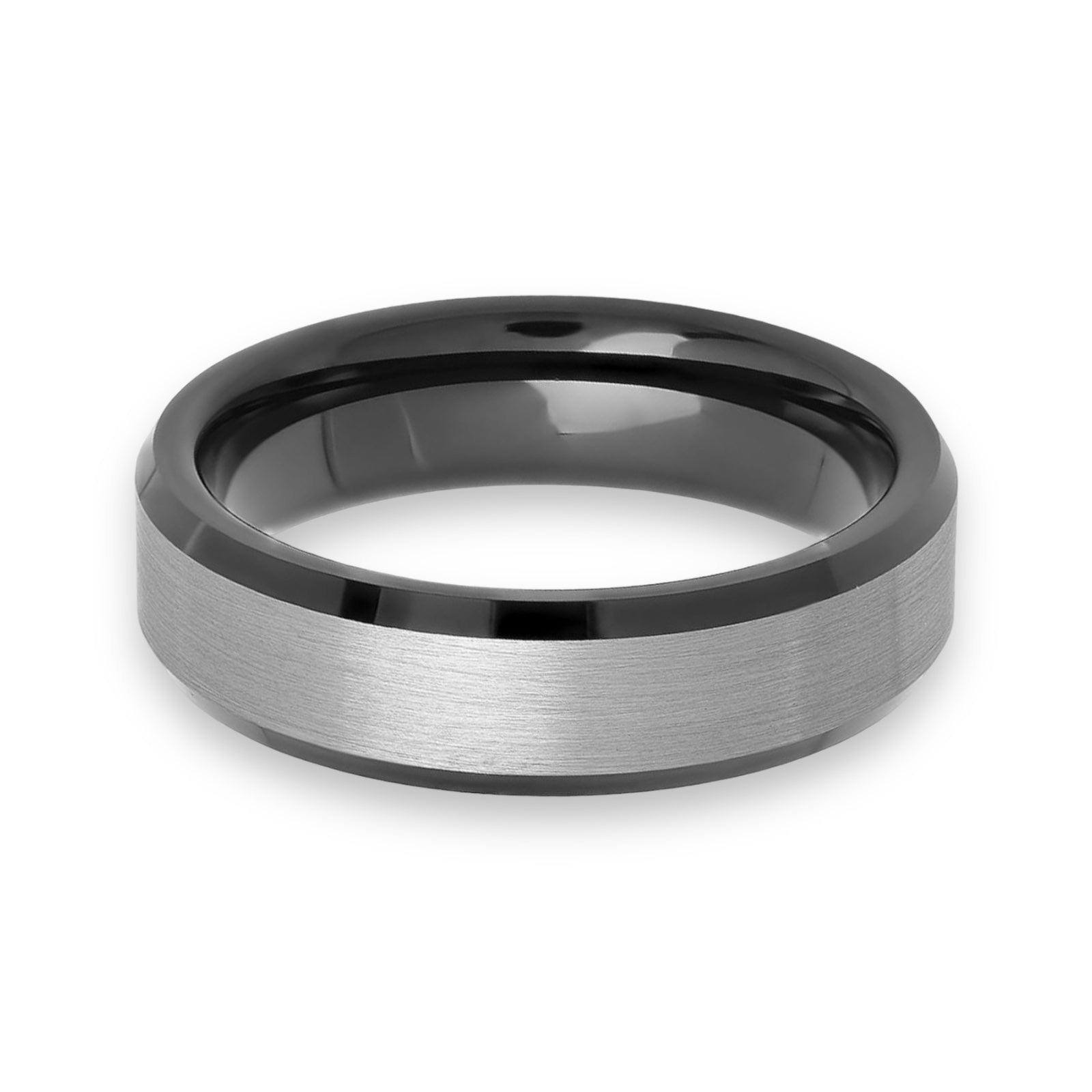 Tungsten Ring Two-Tone Black And Brushed Silver Color Beveled Edges Band
